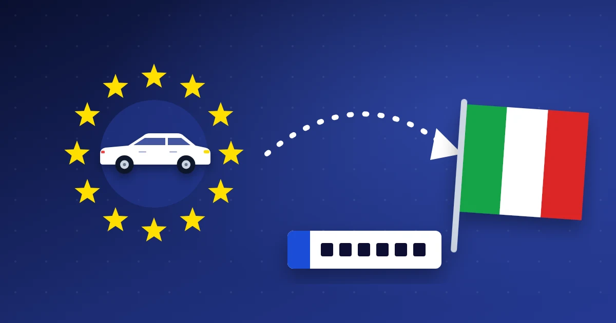 Illustrazione di un'auto nel cerchio di stelle europeo con una freccia verso la bandiera italiana