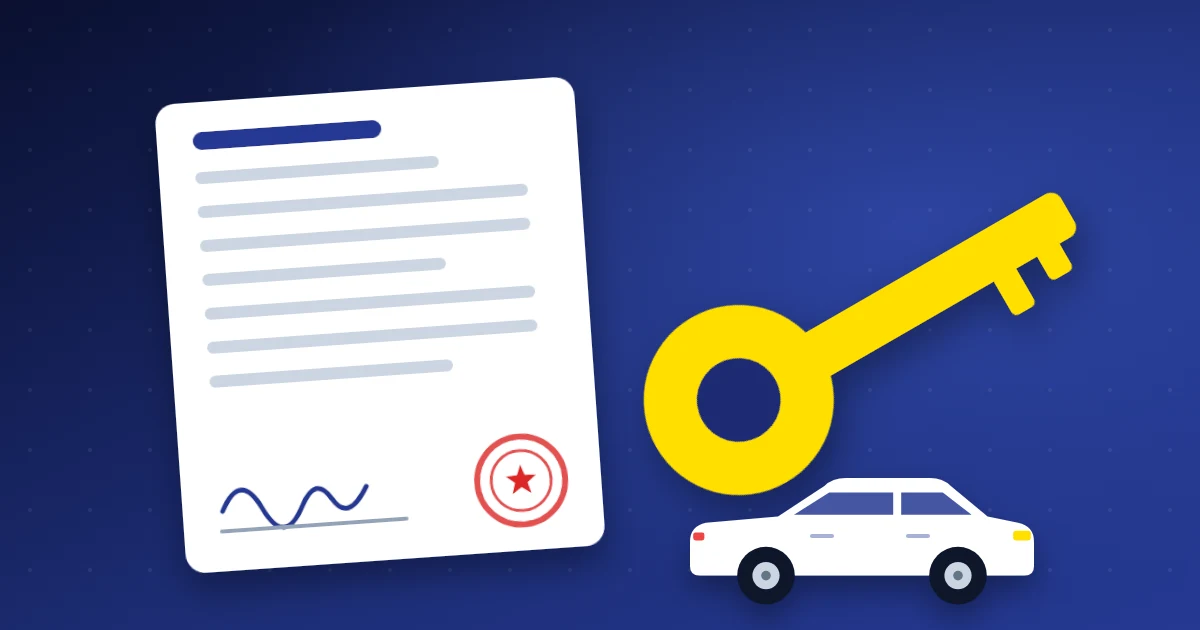 Illustrazione di un atto di vendita firmato e timbrato con una chiave d'auto