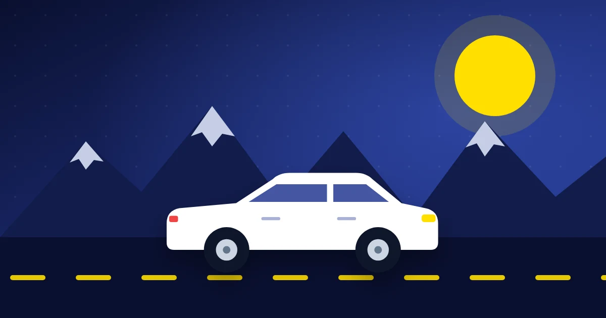 Illustrazione di un'auto in viaggio su una strada di montagna con il sole